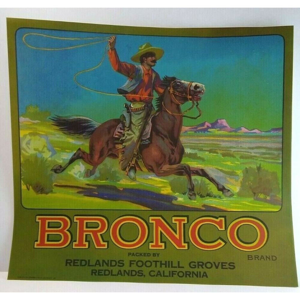 Bronco Western Cowboy Horse Lasso Fruit Crate Label Vintage Original 1930's